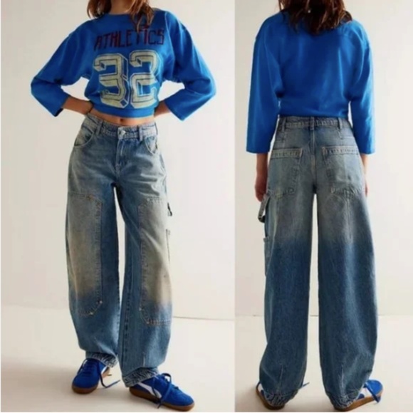 FREE PEOPLE WE THE FREE WOMENS LOREN CARPENTER BARREL JEANS DENIM SIZE 30 BLUE - Picture 1 of 7